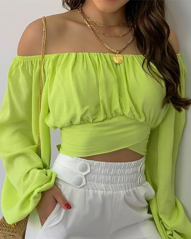 

Off Shoulder Ruched Lantern Sleeve Crop Top, Yellow