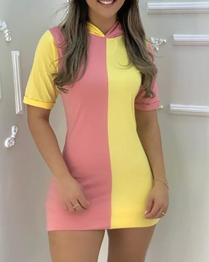 

Colorblock Short Sleeve Hoodie Casual Dress, Yellow
