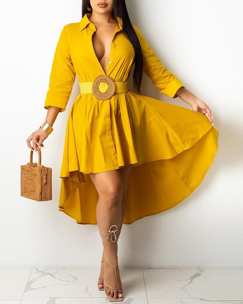

Button Design Dip Hem Shirt Dress, Yellow