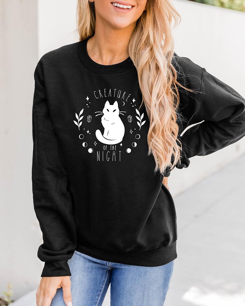 

Halloween Letter Cat Print Long Sleeve Sweatshirt, Black
