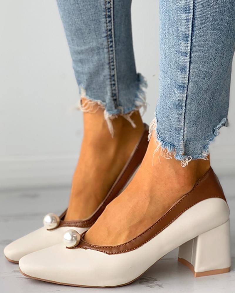 

Colorblock Beaded Decor Square Toe Chunky Heels, Brown