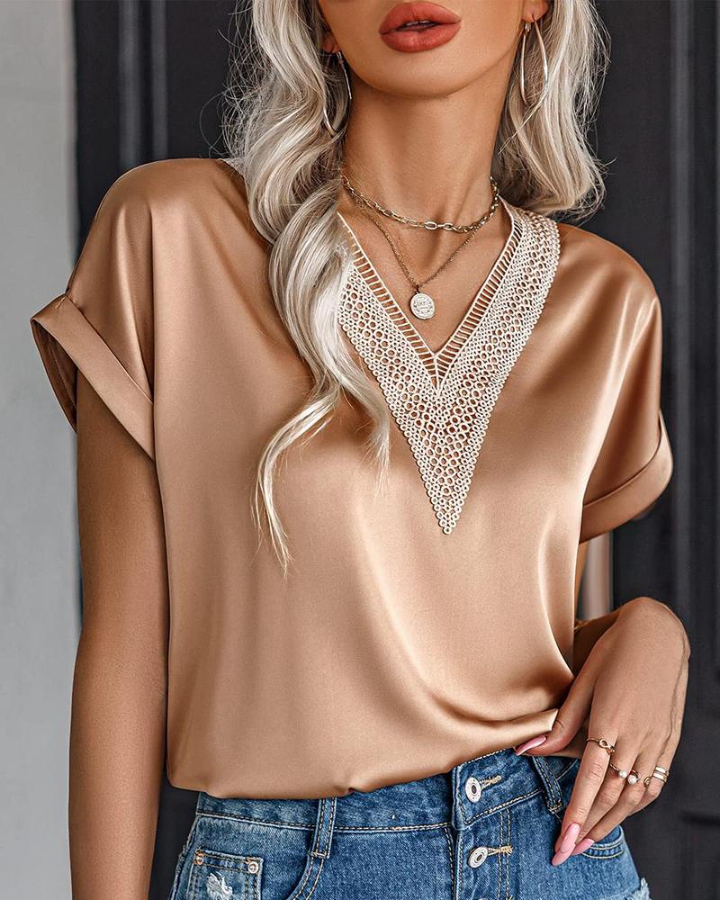 

Satin Cap Sleeve Contrast Lace Top, Light brown