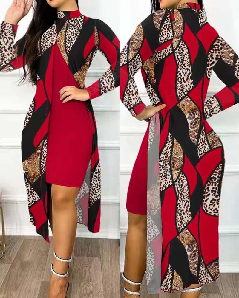 

Baroque Leopard Print Patchwork Slit Casual Dress, Red