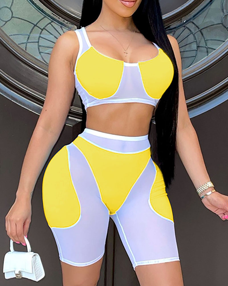 

Plain / Colorblock Sheer Mesh High Waist Active Sets, Yellow