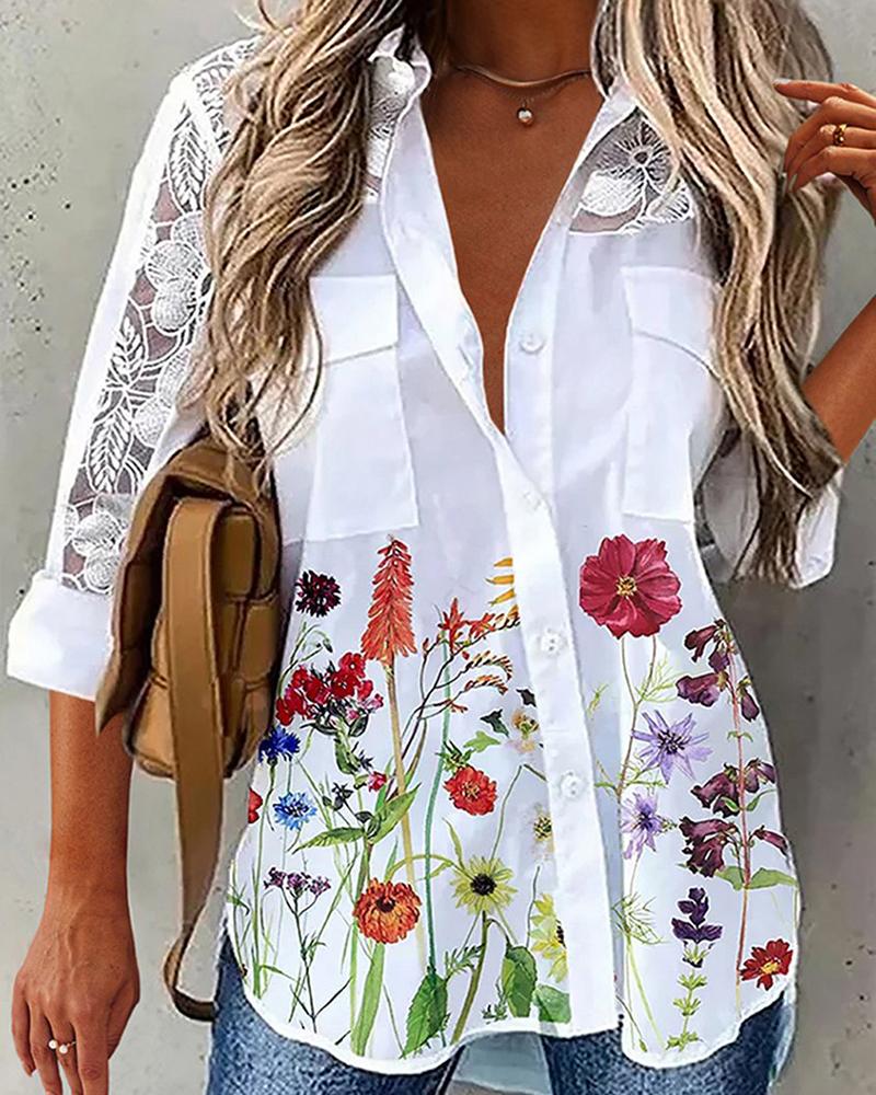 

Floral Print Lace Patch Button Front Top, White