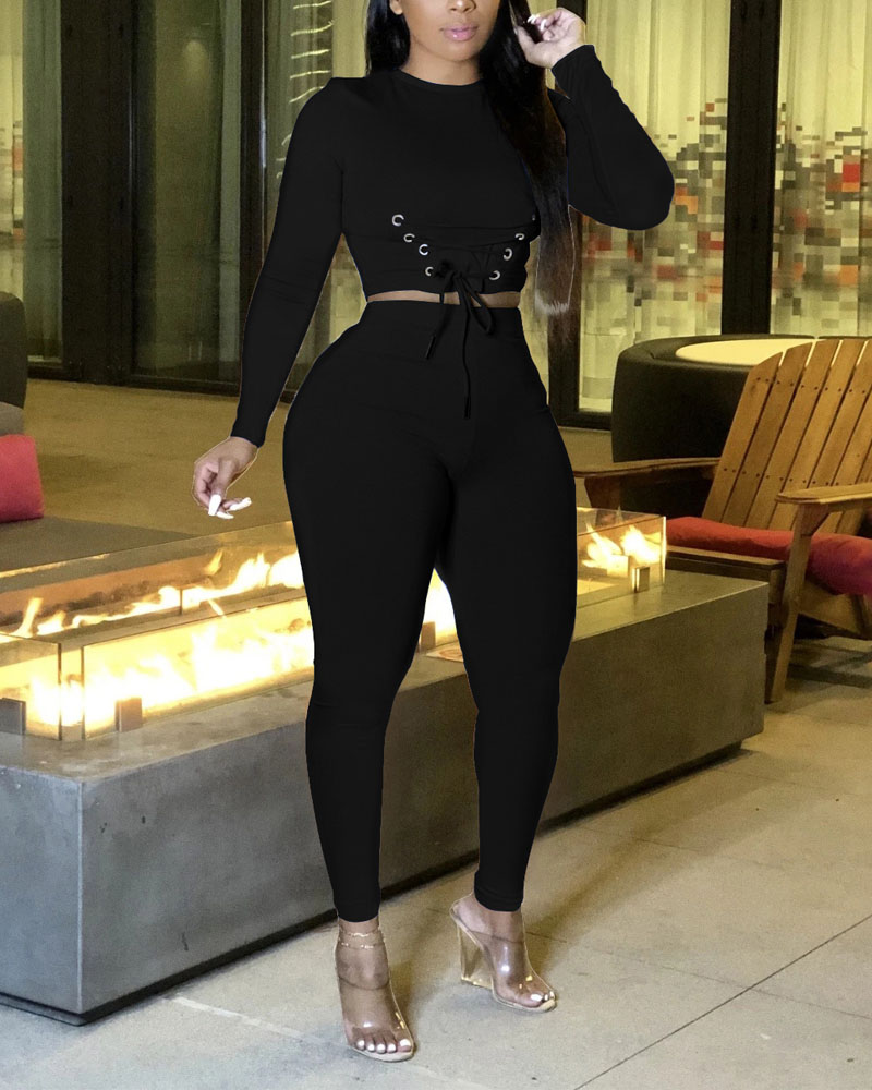 

Long Sleeve Grommet Eyelet Lace-Up Crop Top & Pants Set, Black