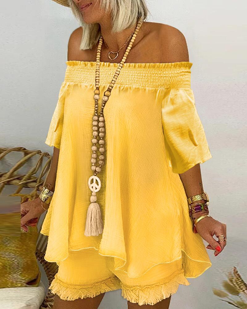 

Shirred Off Shoulder Flowy Top & Shorts Set, Yellow