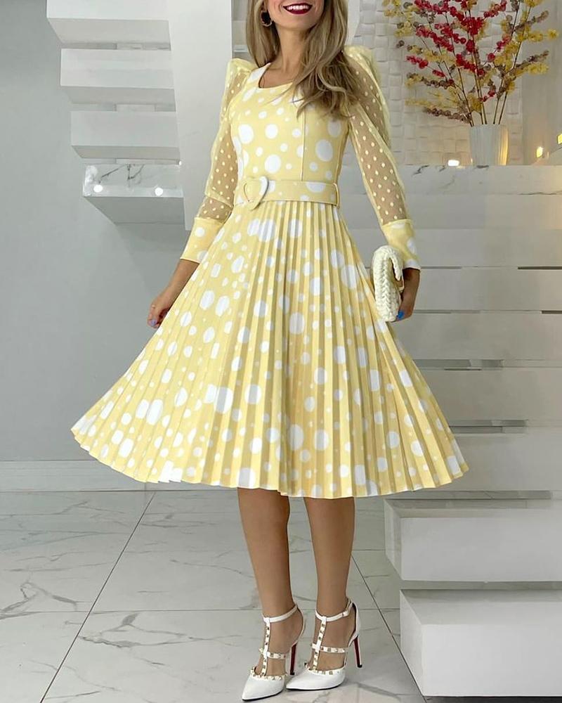 

Dot Mesh Puff Sleeve Pleated Casual Dress, Light yellow