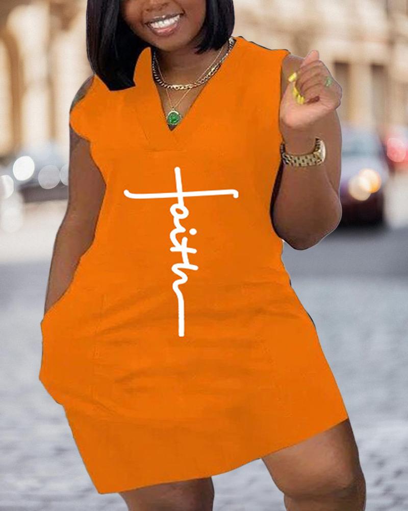 

Plus Size Letter Print Pocket Design Casual Dress, Orange