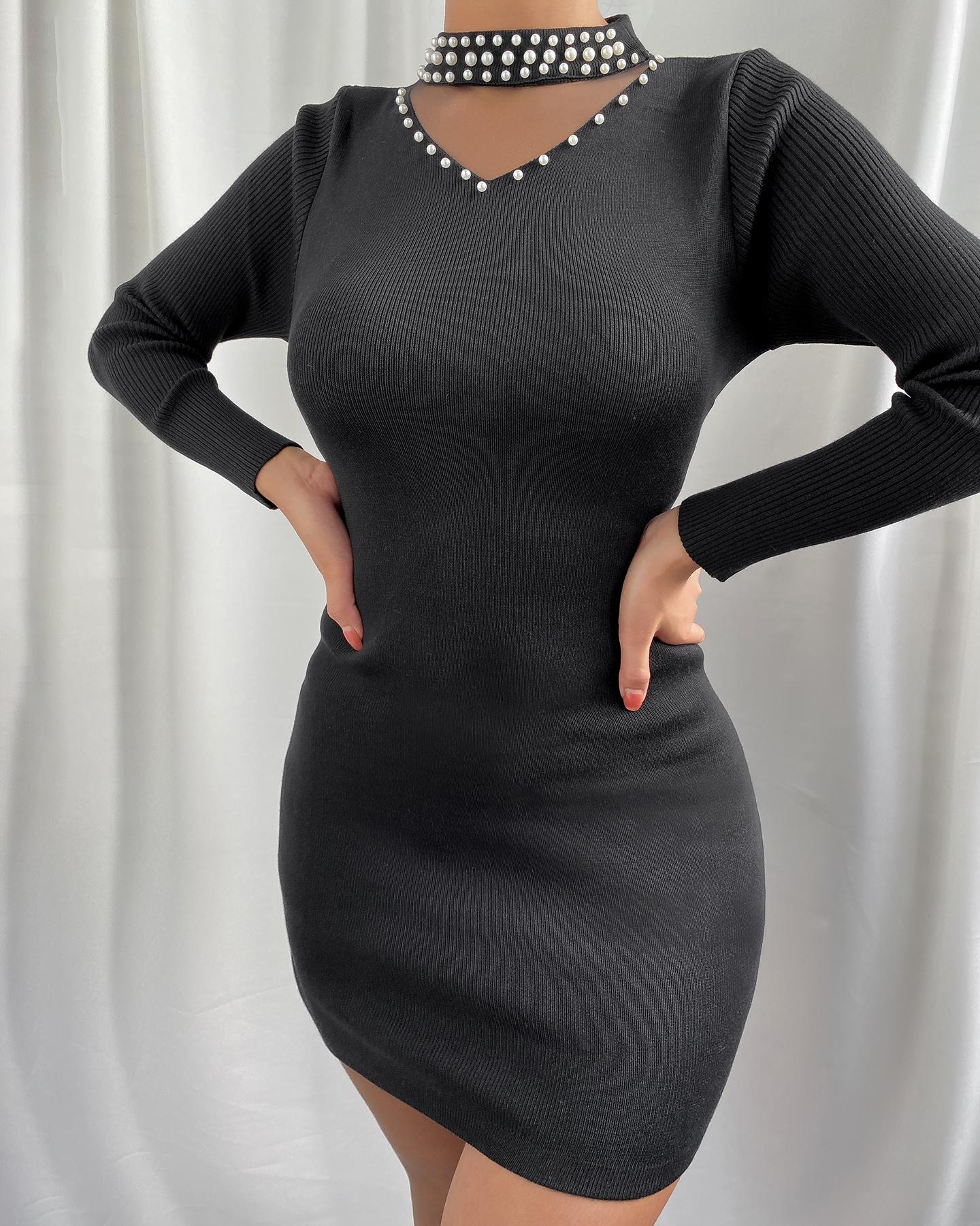 

Beaded Cutout Bodycon Dress, Black