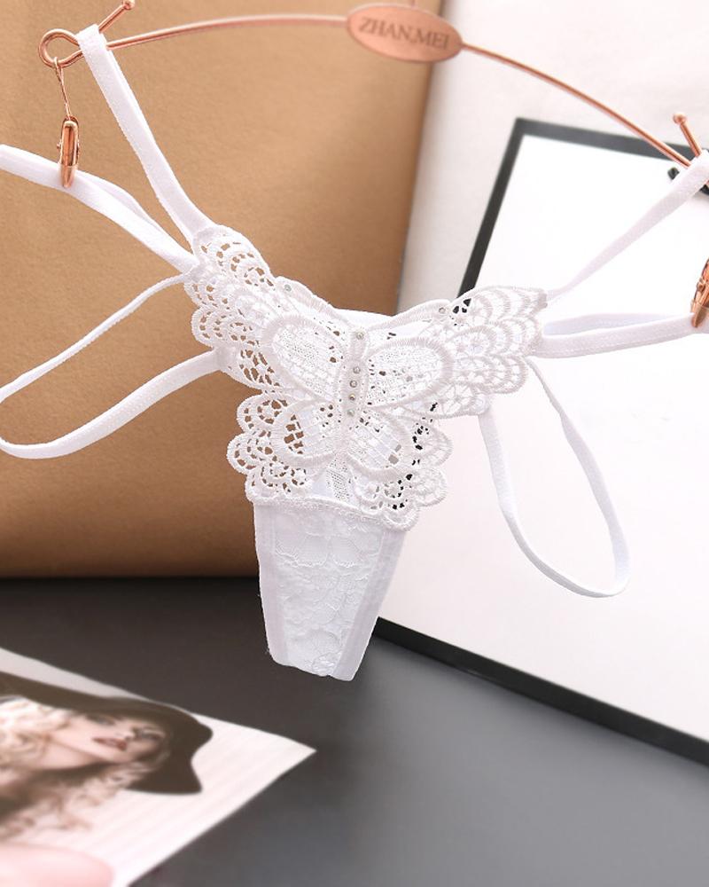 

Solid Color Splicing Lace Sexy Bownot Hollow-out Thongs, White