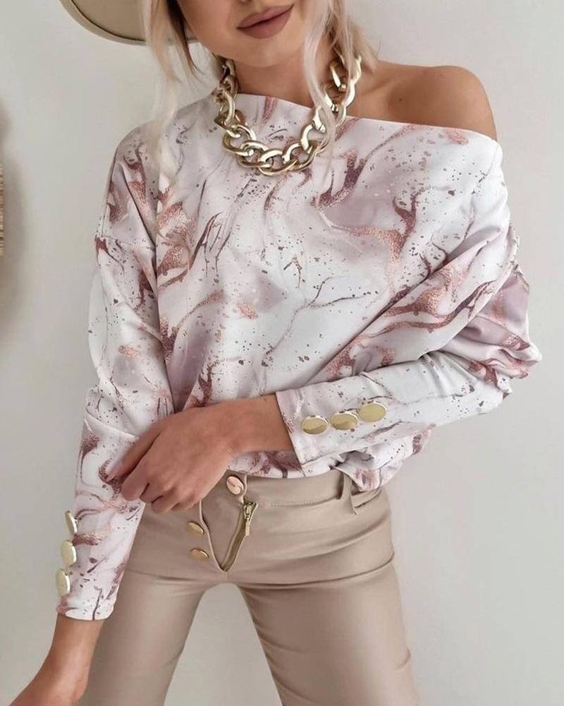 

Abstract Print Button Decor Long Sleeve Top, Multicolor