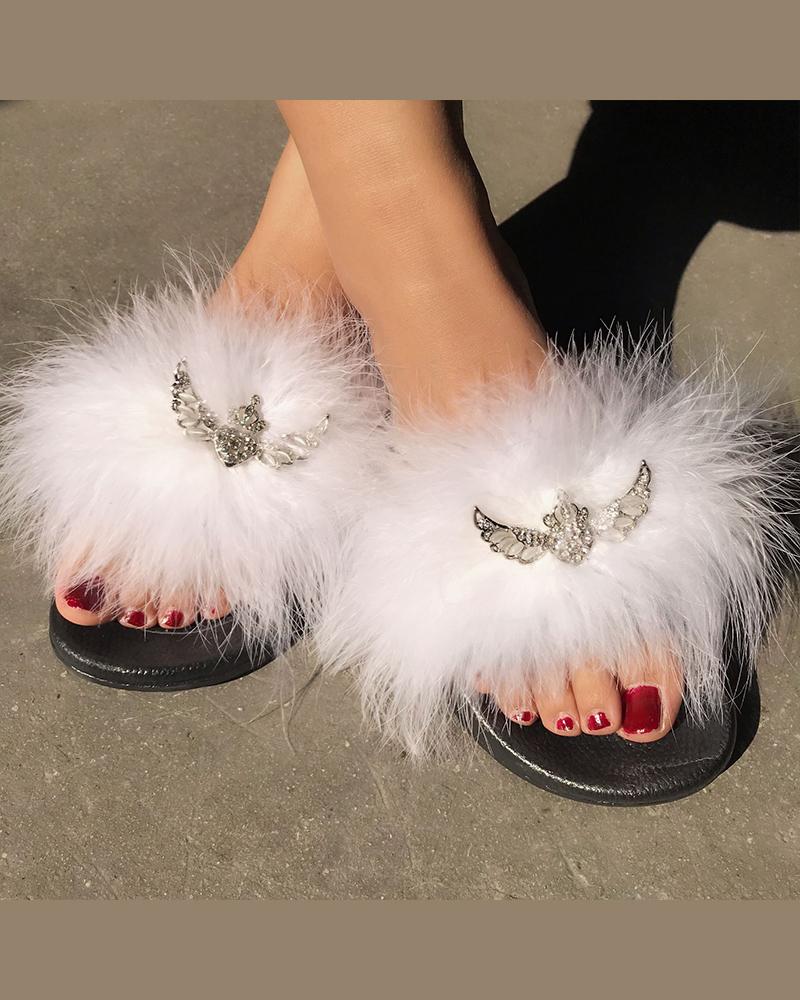 

Peep Toe Fluffy Flat Sandals, White