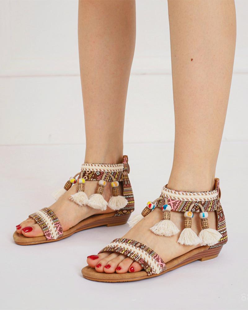 

Boho Style Round-toe Vintage Print Splicing Tassel Open Toe Flat Sandals, Brown