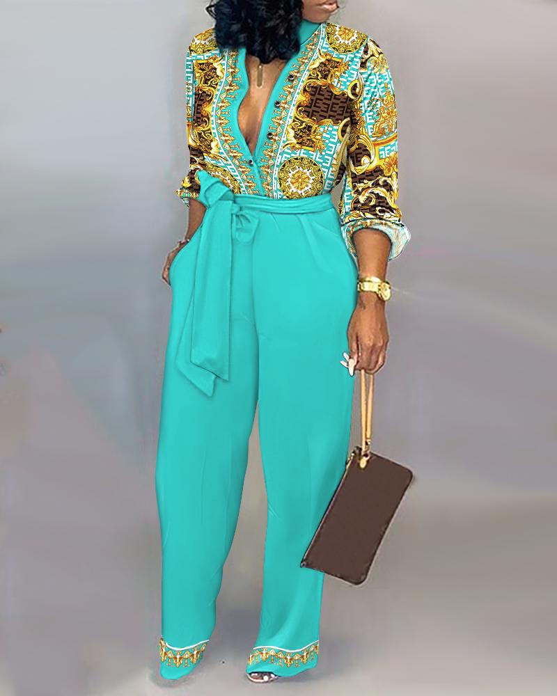 

Baroque Geo Print Long Sleeve Belted Jumpsuit, Multicolor