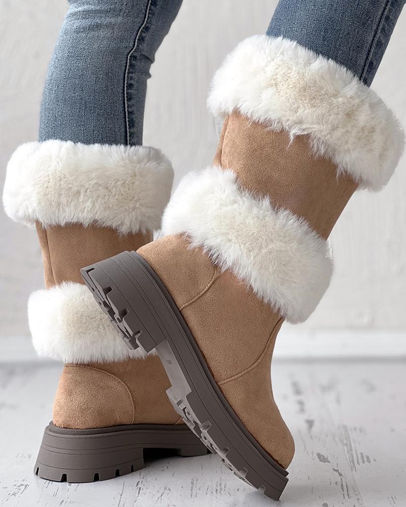 

Contrast Paneled Fuzzy Detail Calf Snow Boots, Khaki