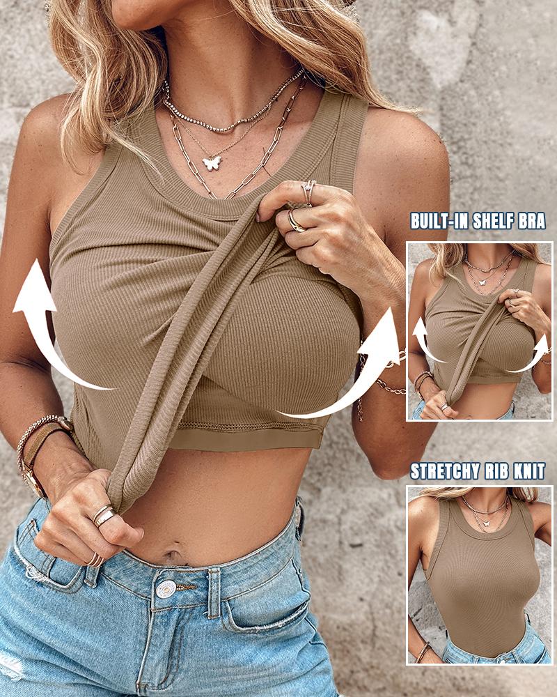 

ChicMe Built-in Bra Ribbed Round Neck Tank Top, Khaki