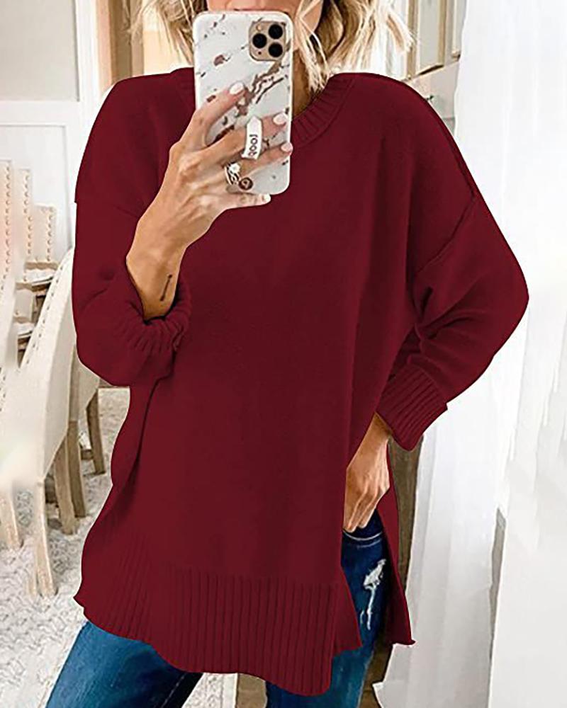 

Long Sleeve Slit Casual Sweater, Wine red