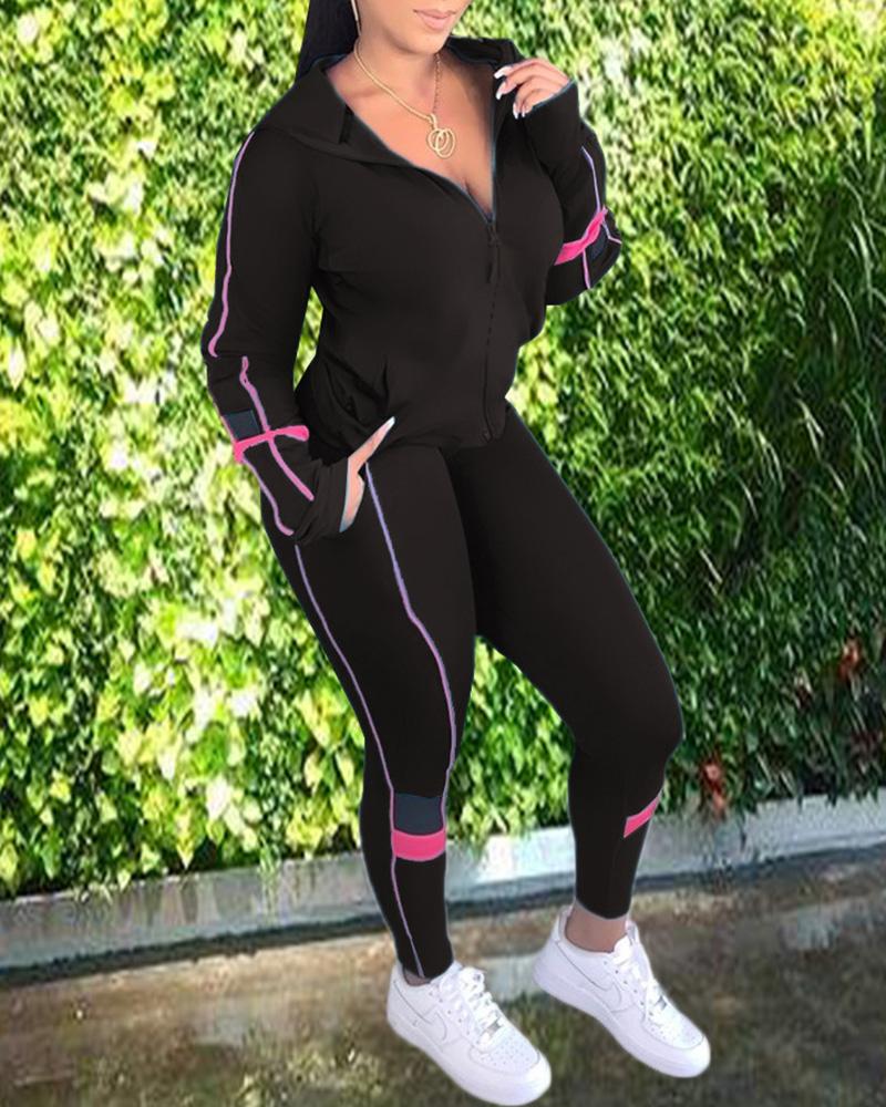

Zipper Design Hooded Top & High Waist Pants Set, Black