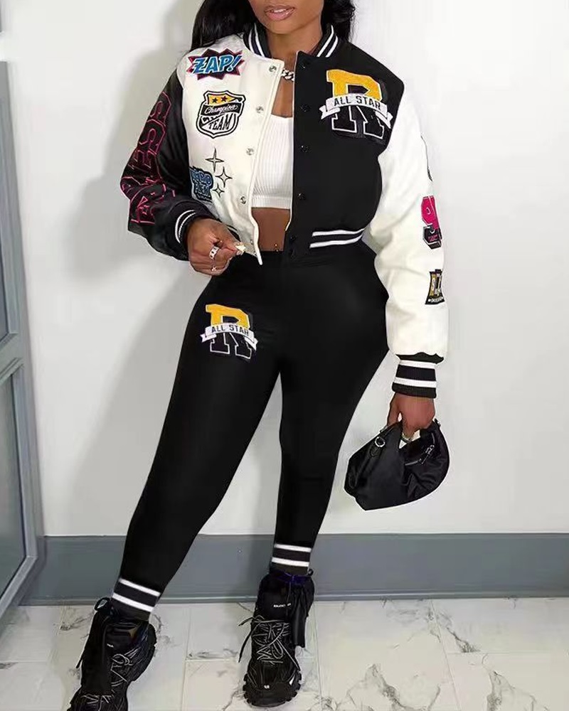 

Colorblock Graphic Print Baseball Jacket & Pants Set, Black