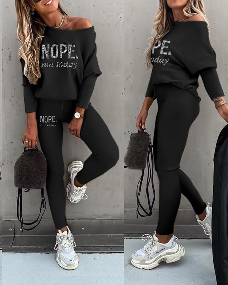 

Rhinestone Nope Not Today Pattern Top & Pants Set, Black
