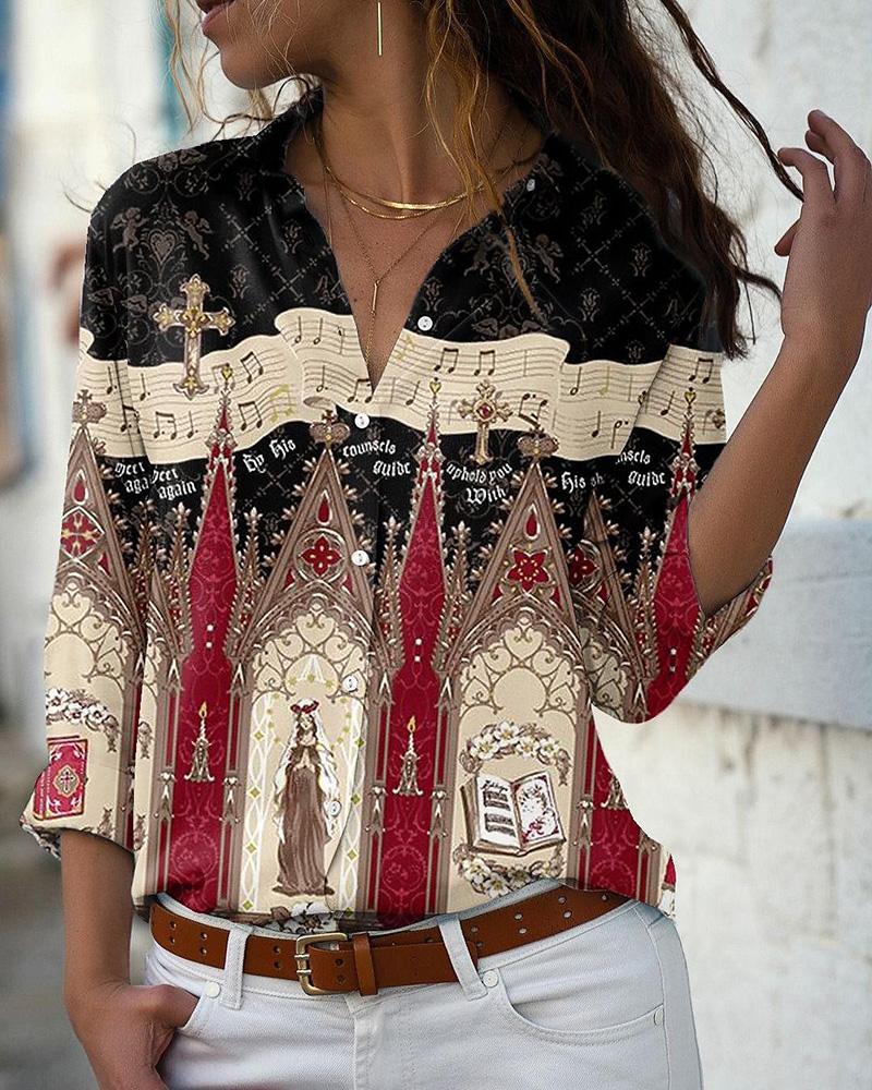 

Graphic Print Long Sleeve Buttoned Shirt, Black