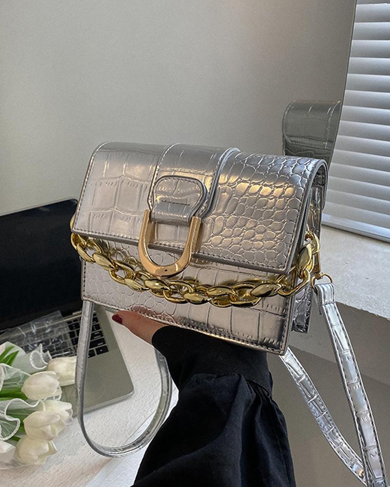 

Embossed Chain Decor Flap Shoulder Bag, Silver
