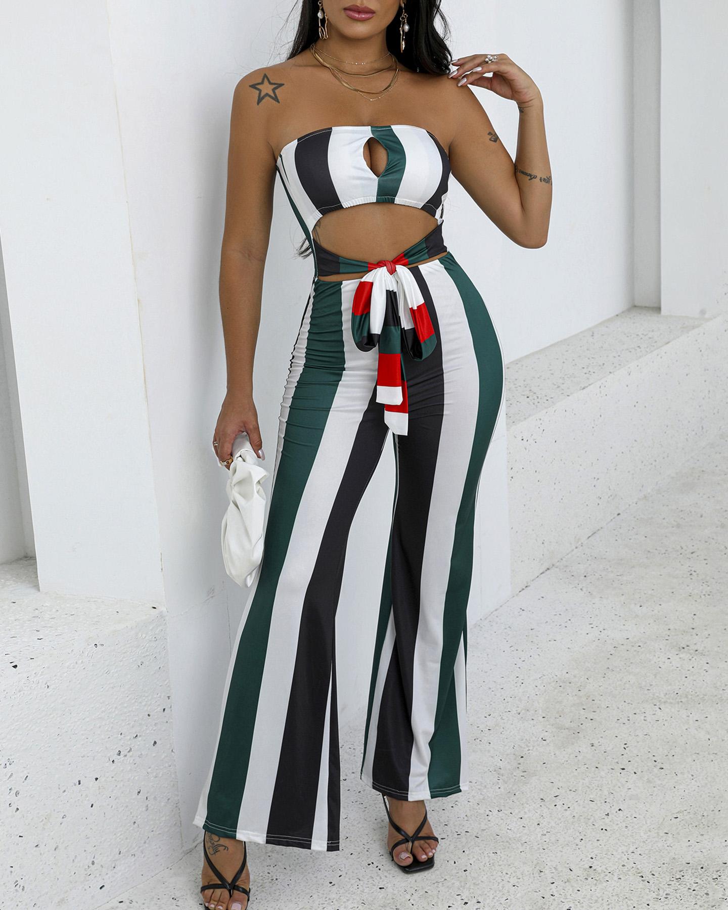 

Striped Colorblock Cutout Bandeau Jumpsuit, White