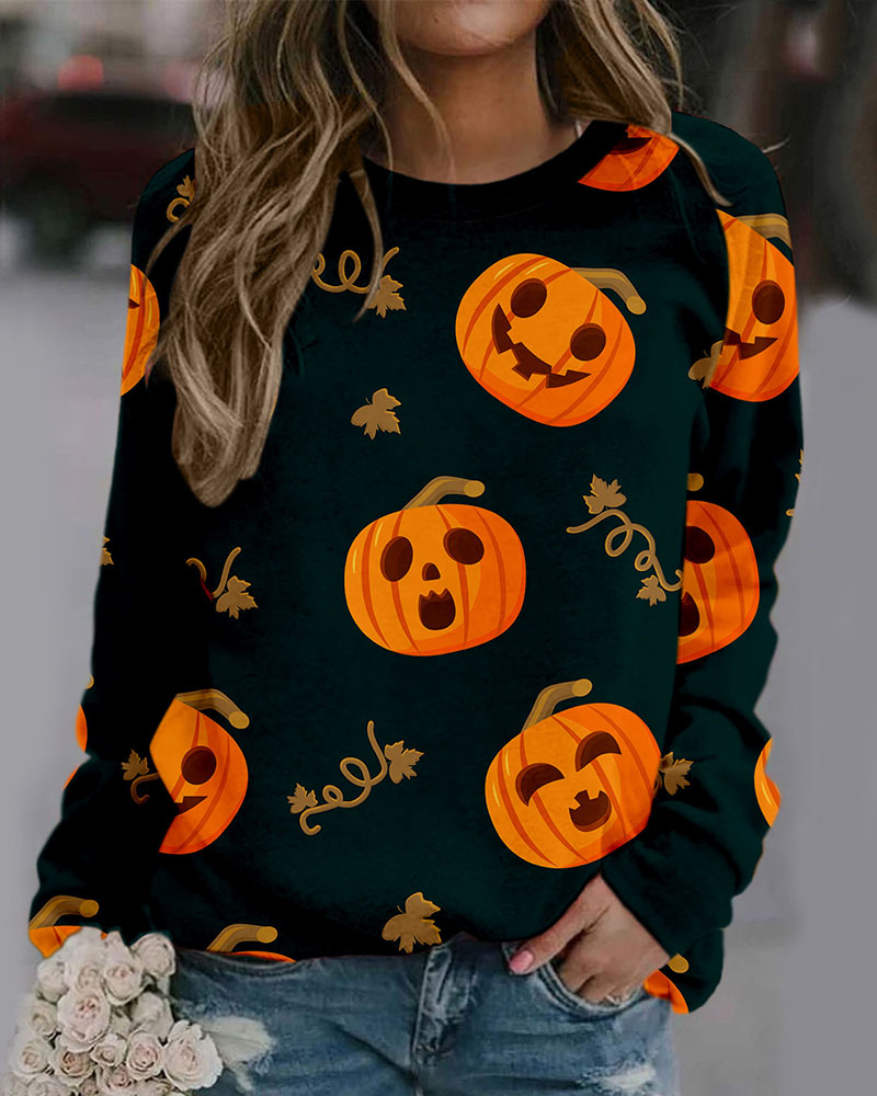 

Halloween Pumpkin Print Long Sleeve Sweatshirt, Black