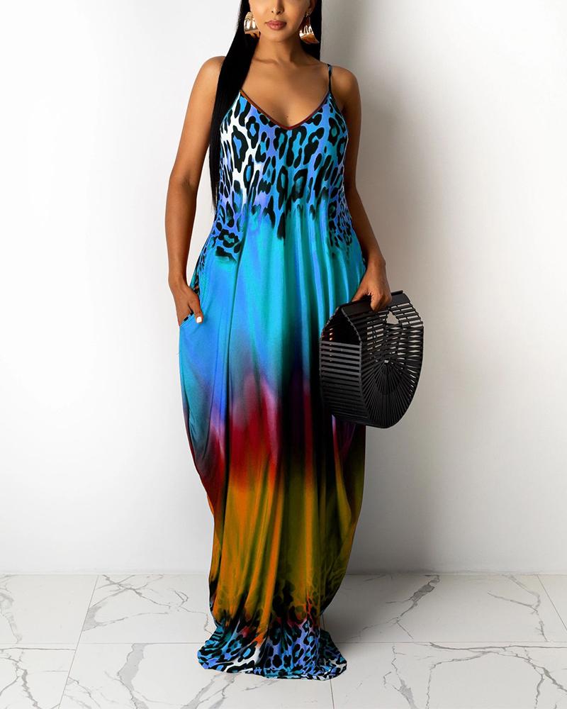 

Gradient Color Block Splicing Leopard Print Sling Loose Maxi Dress, Blue