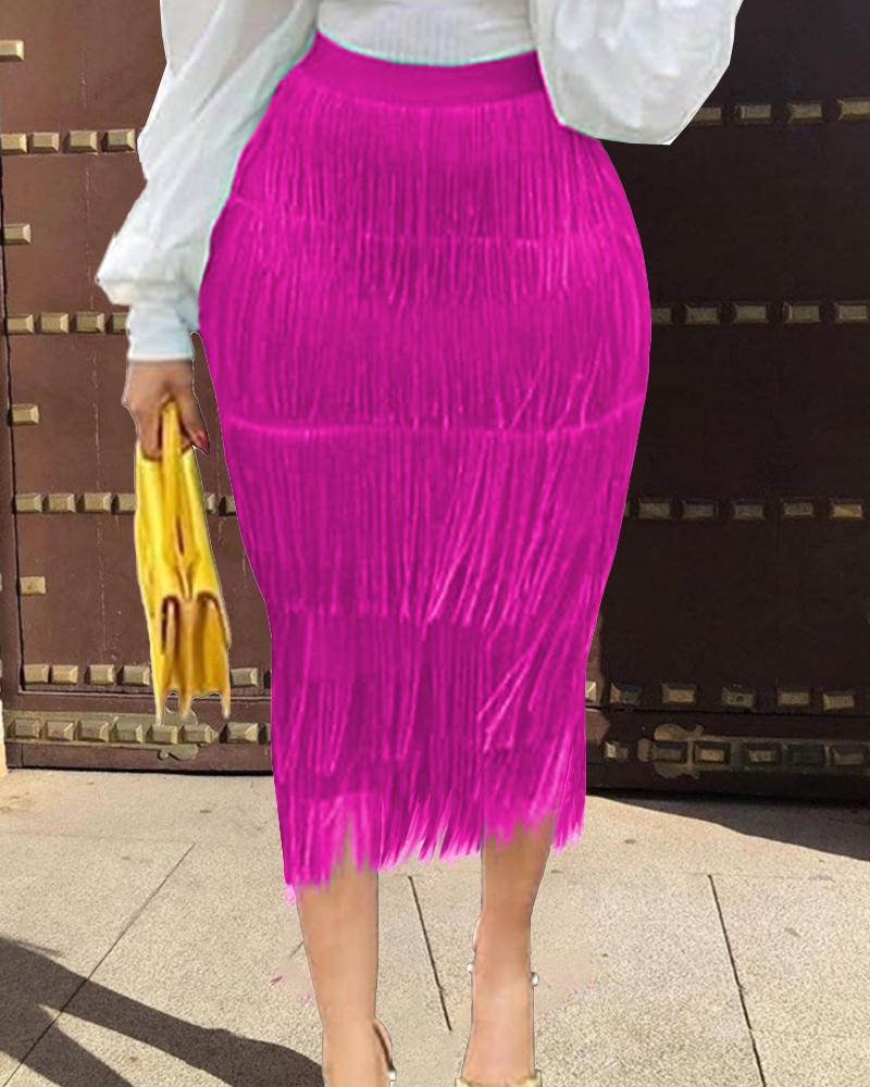 

High Waist Tassel Design Maxi Skirt, Hot pink