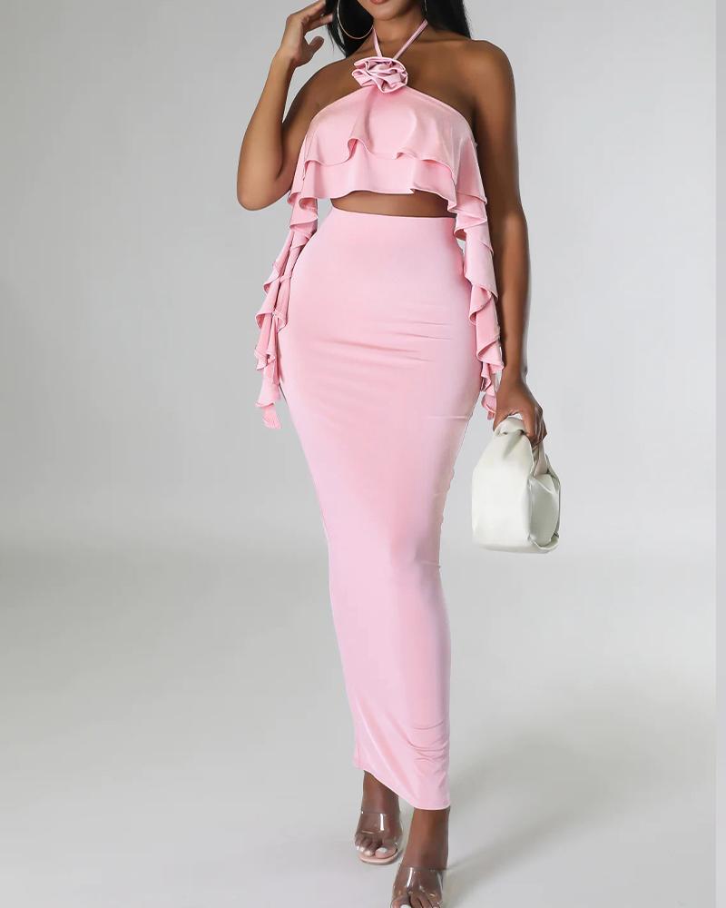 

Halter Ruffle Hem Backless Top & Skirt Set, Pink
