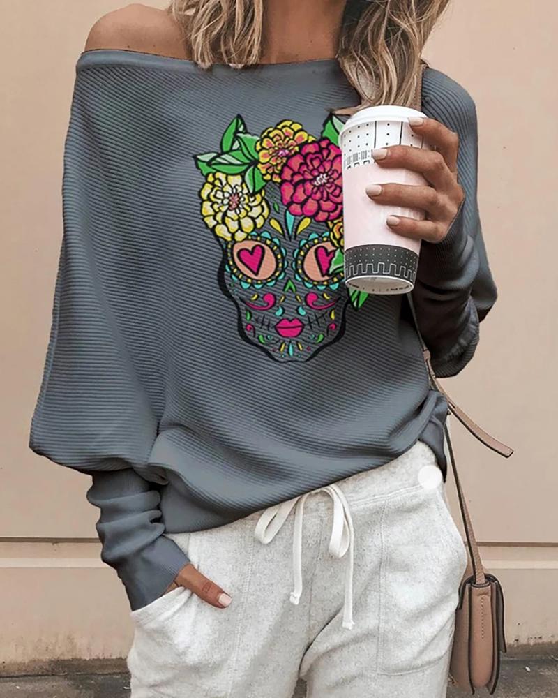 

Halloween Skull FLoral Print Casual Sweatshirt, Gray