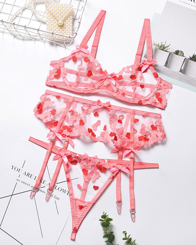 

Sexy See-through Mesh Splicing Heart Print Bow Sling Bra Sets With Garter, Pink