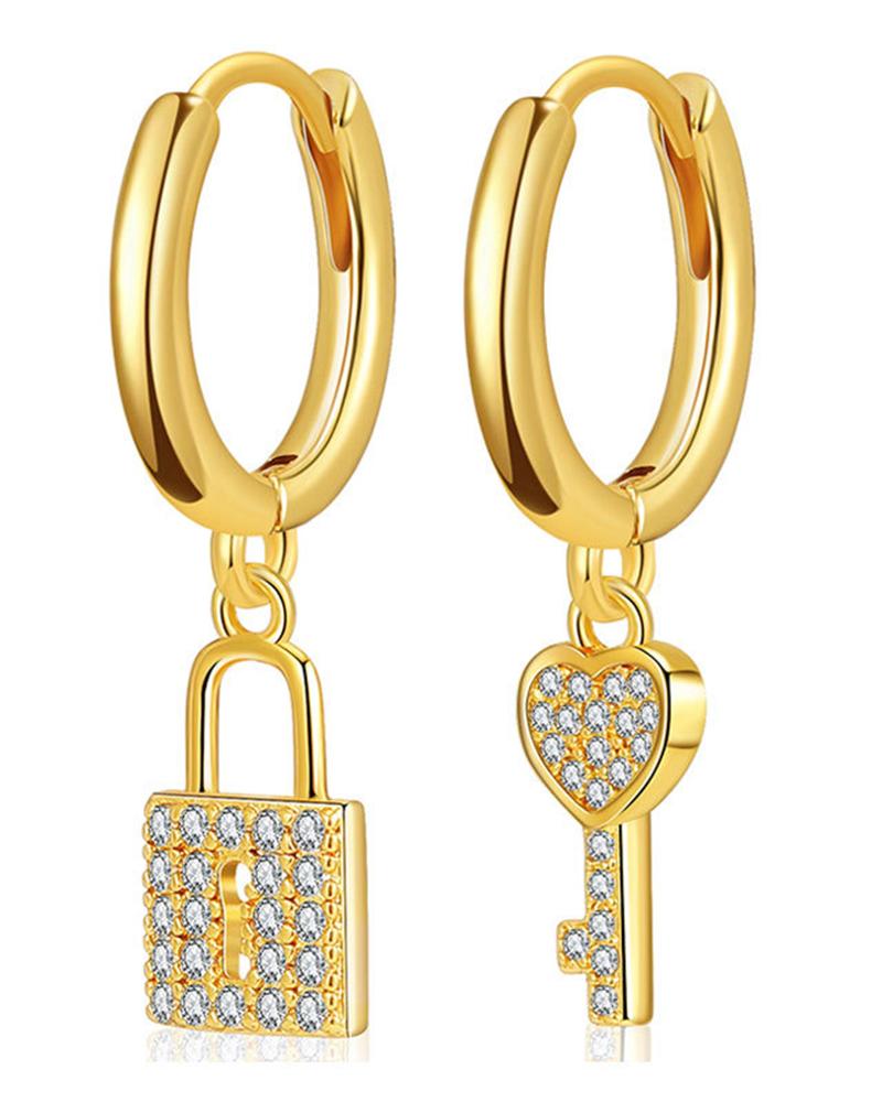 

1Pair Valentine's Day Rhinestone Lock Heart Shaped Key Drop Earrings, Gold