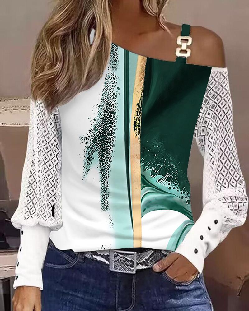 

Tie Dye Print Cold Shoulder Lace Patch Top, Green