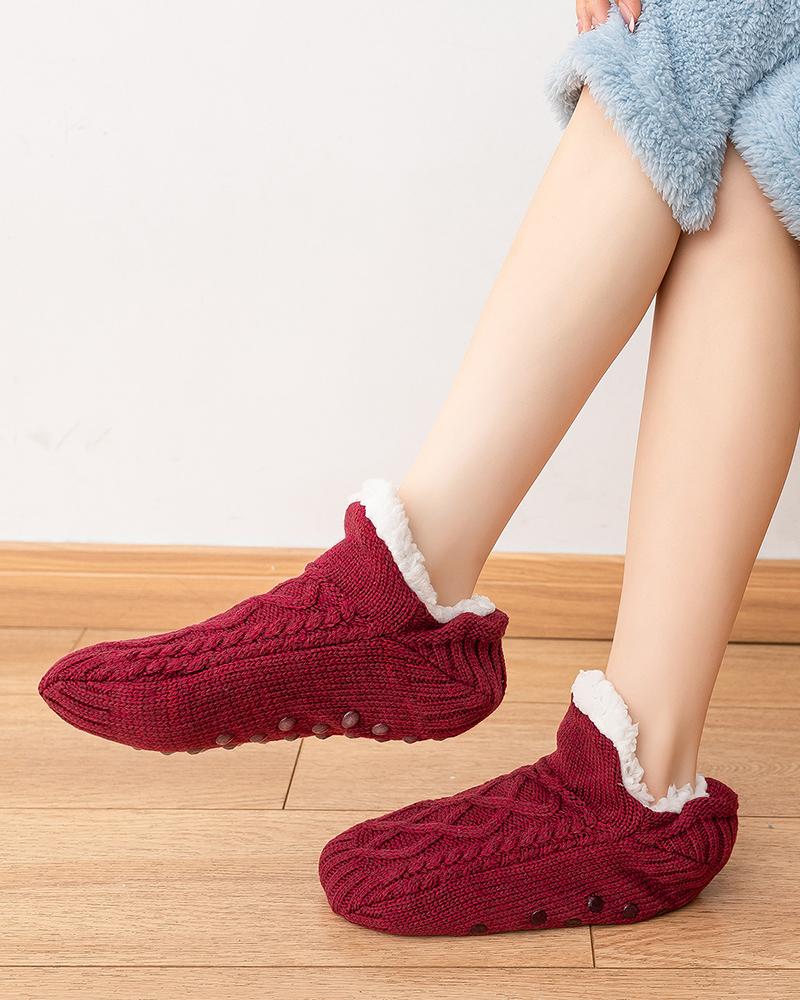 

1Pair Cable Knit Lined Non Slip Fuzzy Trim Socks, Wine red