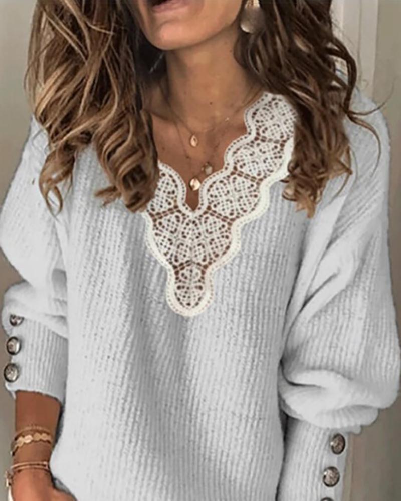 

V Neck Crochet Lace Lantern Sleeve Buttoned Sweater, Gray