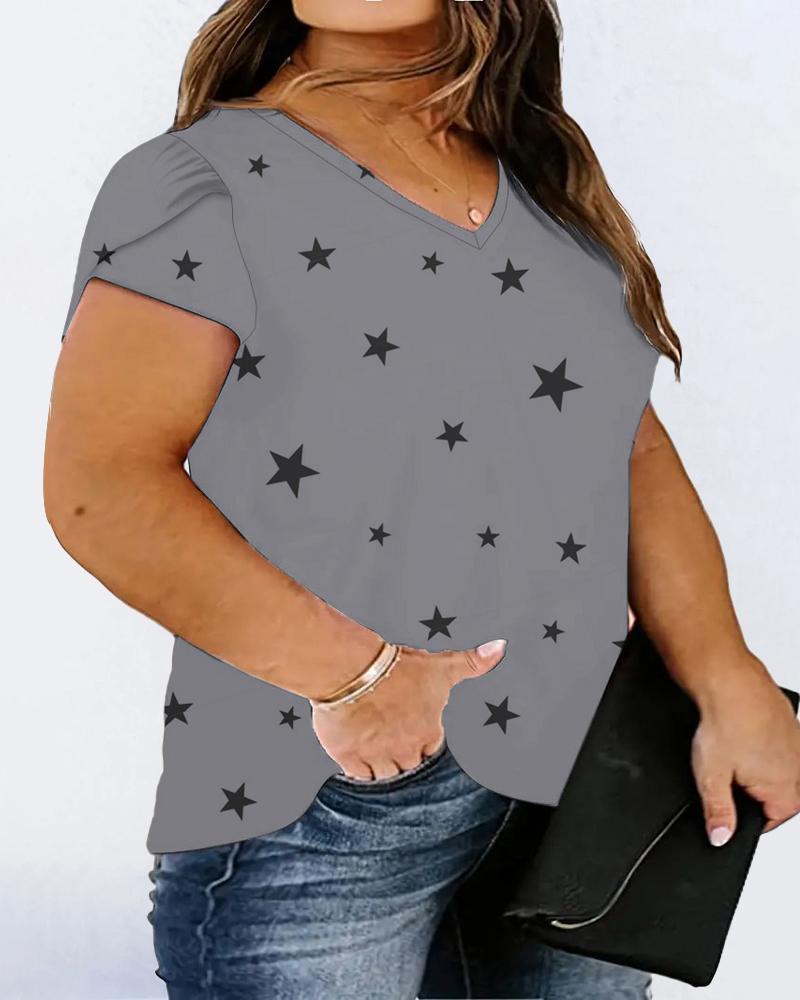 

Plus Size Star Print Petal Sleeve V-Neck T-Shirt, Gray