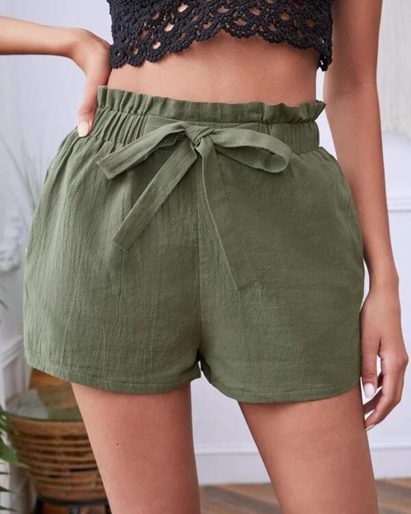 

Pocket Detail Tie Front Casual Shorts, Green