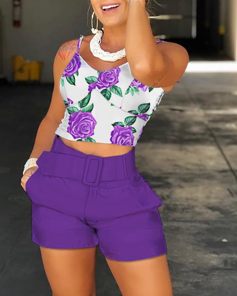 

Floral Print Crop Cami Top & Shorts Set With Belt, Purple