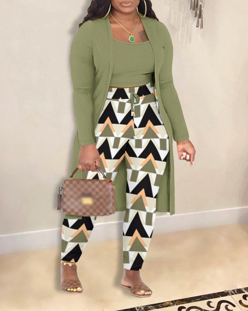 

Plus Size 3PCS Cami Top & Geometric Print Pants Set With Coat, Green