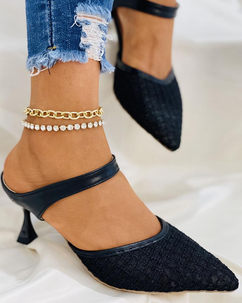 

Sheer Mesh Embroidery Pointed Toe Pyramid Heels, Black