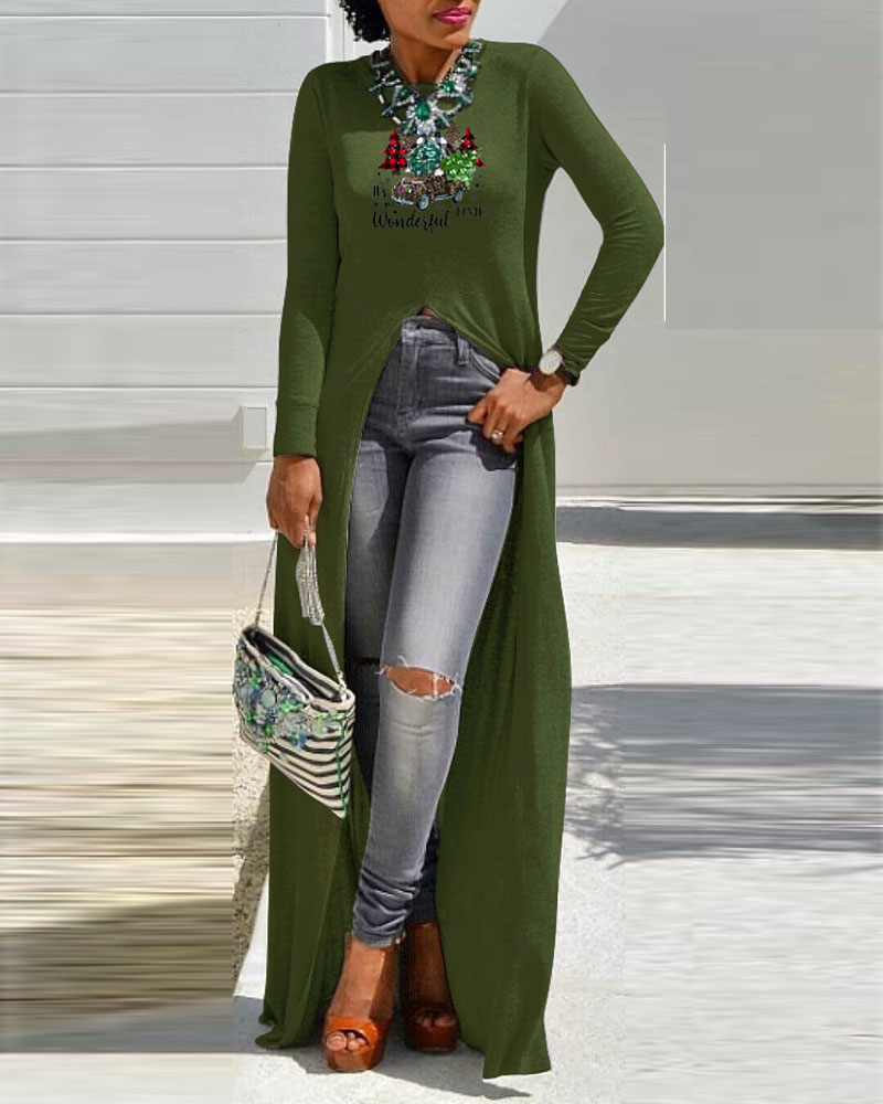 

Christmas Tree Letter Print High Split Longline Top, Green