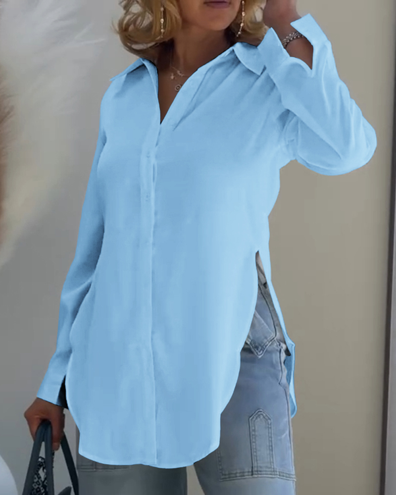 

Classic Plain Long Sleeve Blouse with Turn-down Collar Casual Button Front Slit Top, Lighted blue