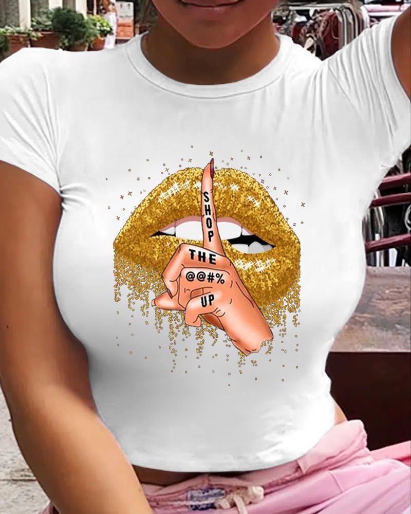 

Plus Size Slogan Print Short Sleeve Casual T-shirt, White