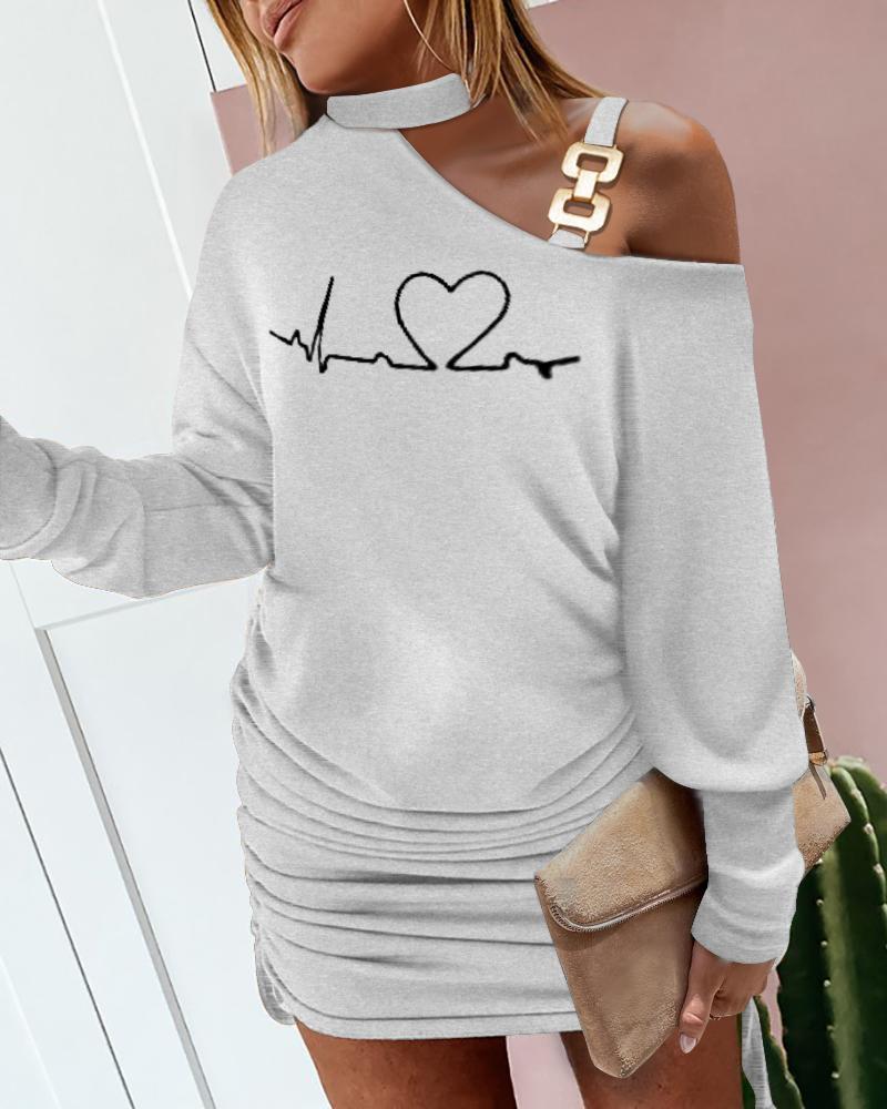 

Heart Print Cold Shoulder Drawstring Long Sleeve Dress, Gray
