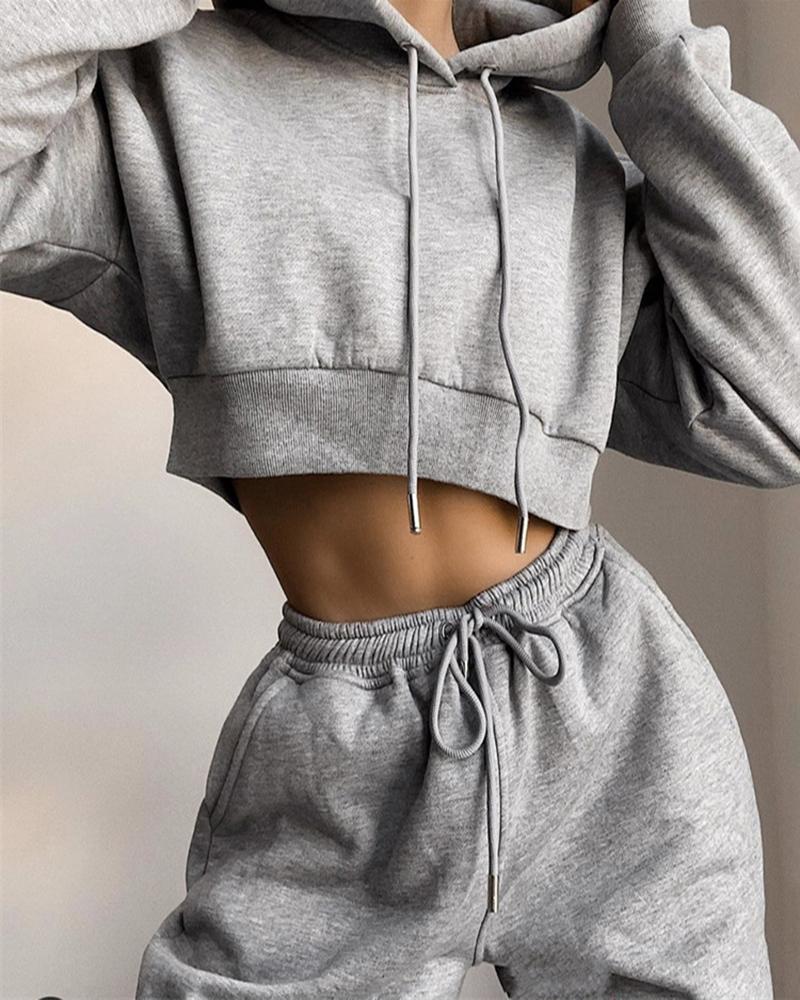 

Lantern Sleeve Drawstring Hooded Crop Top & Pants Set, Gray