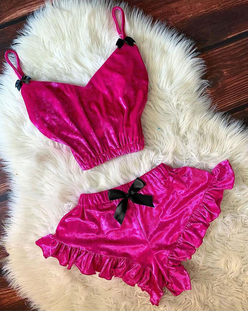 

Velvet Bowknot Decor Ruffle Hem Cami Set, Hot pink