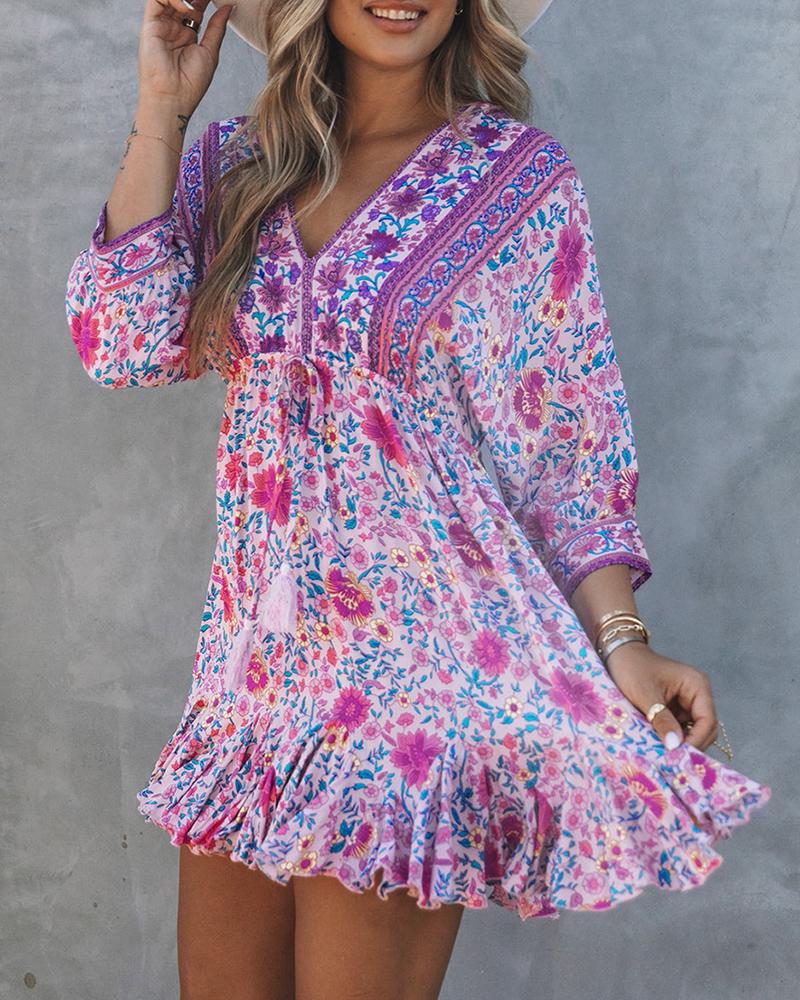 

Floral Print Tied Detail Ruffle Hem Dress, Purple